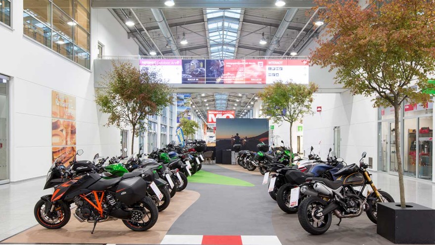 Boulevard of Touring View of the boulevard with exhibited motorcycles in the halls of Koelnmesse